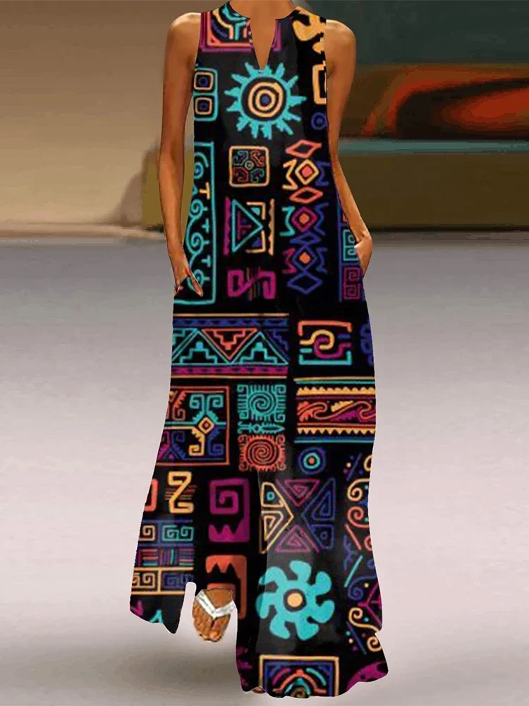 Abito bohémien con stampa geometrica retrò per abito lungo elegante con scollo a V alla moda, abito casual da vacanza, abito da sera per cena da cocktail