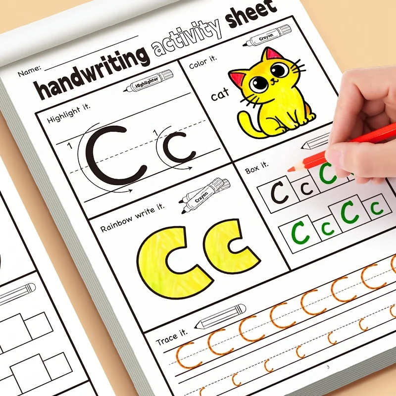 Práctica de escritura de letras, libro de práctica de escritura a mano en inglés, libro de actividades divertidas para niños, incluye ilustraciones divertidas, entrenamiento de control del lápiz, adecuado para que los niños practiquen las letras, cuaderno de ejercicios interactivo y divertido, materiales de educación temprana que ayudan al aprendizaje