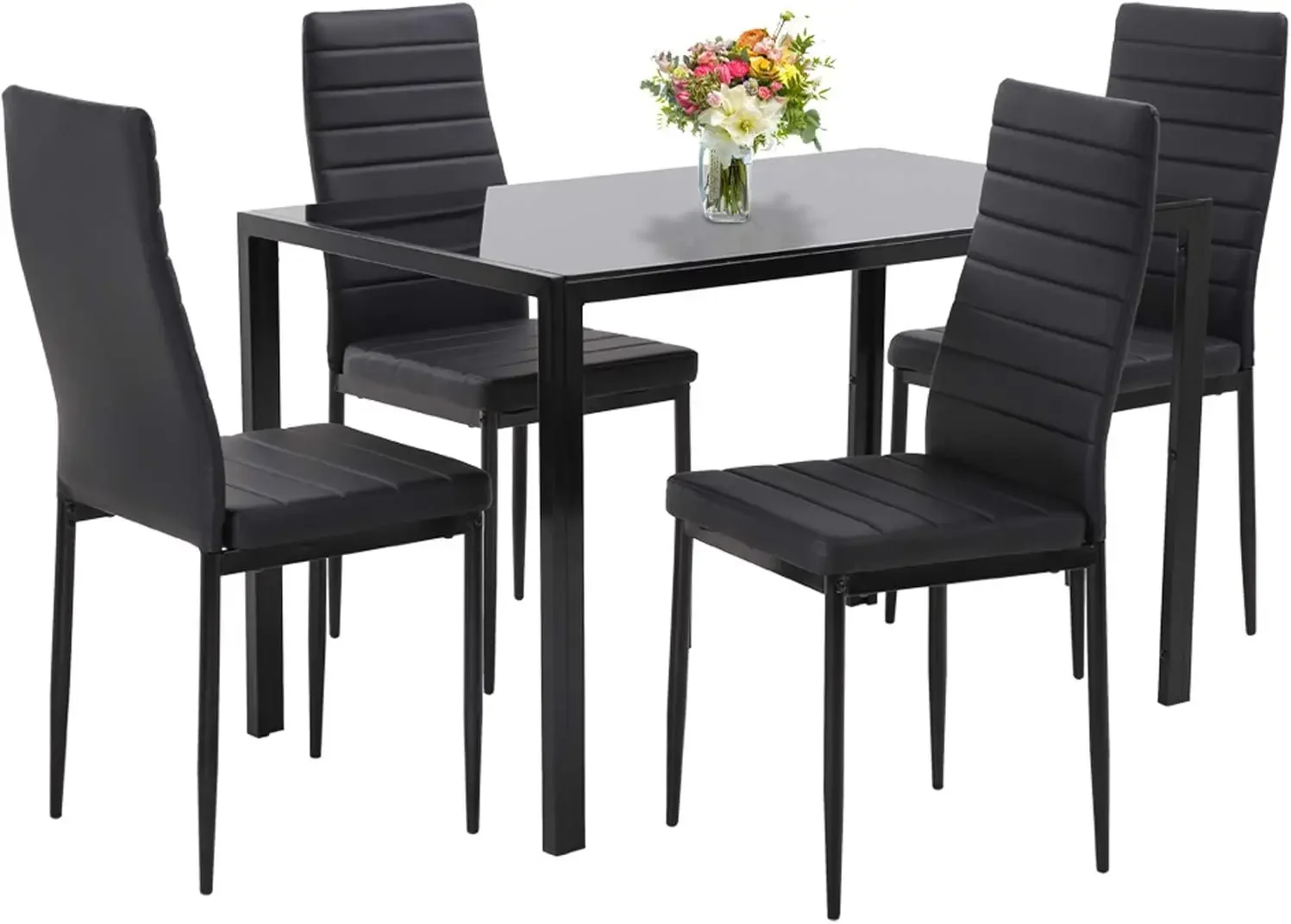 Dining Room Table Set 5-Piece Kitchen with 4Faux Leather Metal Frame Chairs Rectangular Modern for Small Spaces w/Glass Tabletop