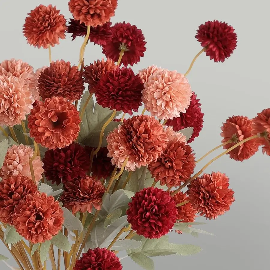 12 Pcs Artificial Chrysanthemum Flowers, Orange Kiku Pom Pom Mums Flower Faux Fall Floral for Autumn Halloween Kitchen Table Cen