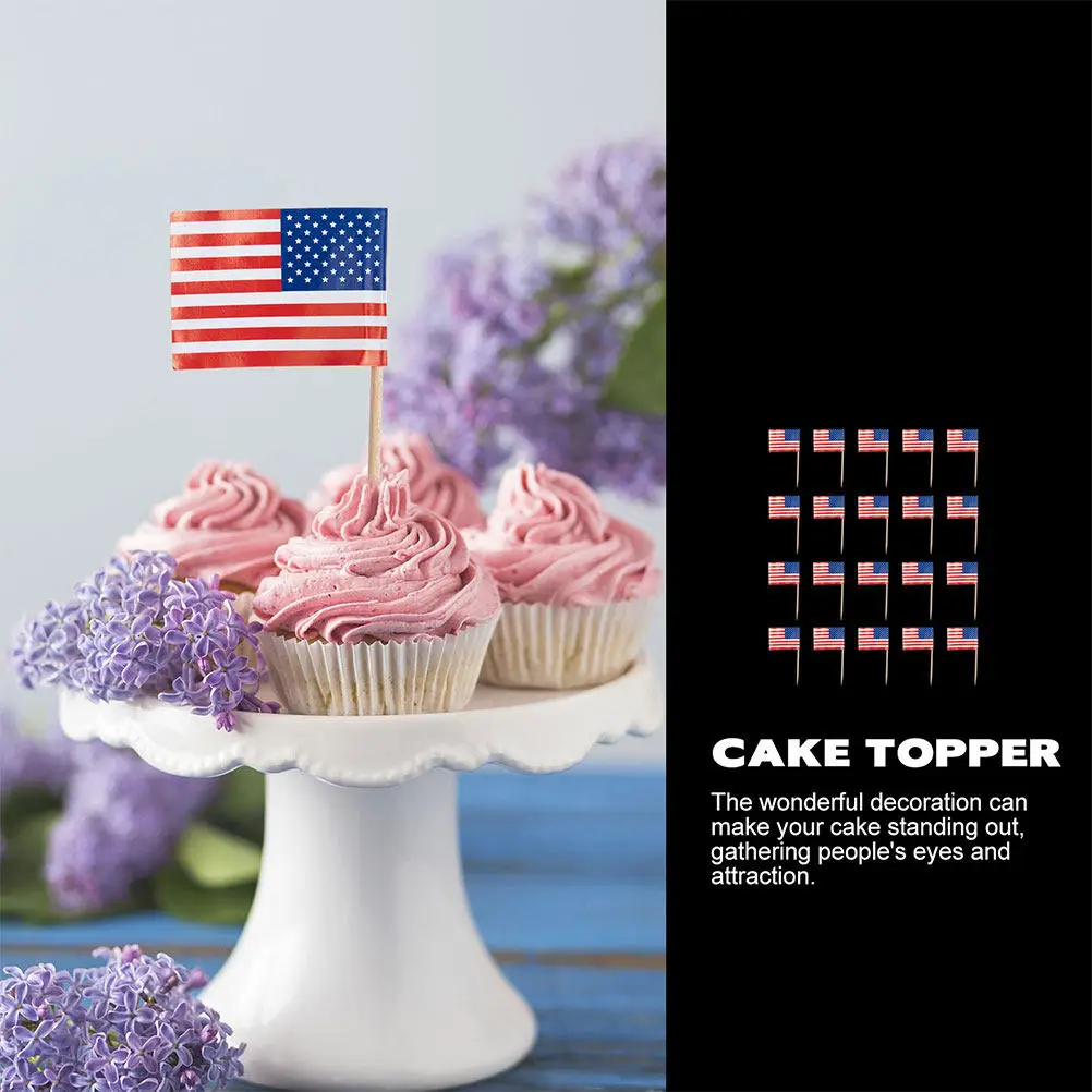 

50Pcs American Flag Toothpicks Food Grade Wooden Flag Picks for Cake Cupcake Dessert Cocktail Fruit Party Decor Usa Patriotic
