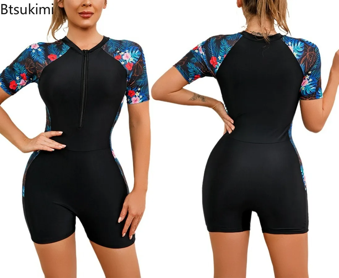 2024 Women's Summer Surfing Suits Flat Angle One Piece Short Sleeve Zipper Bikini Sets Swimwear Female Beachwear Sexy Bikinis