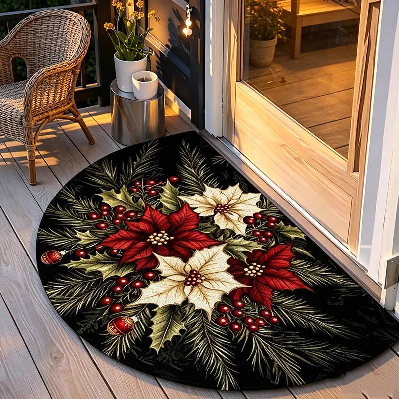 Half-Round Halloween Welcome Doormat Holly Berries & Yellow Floral Festival Floor Mat Rug for Entryway, Bathroom Home Decor