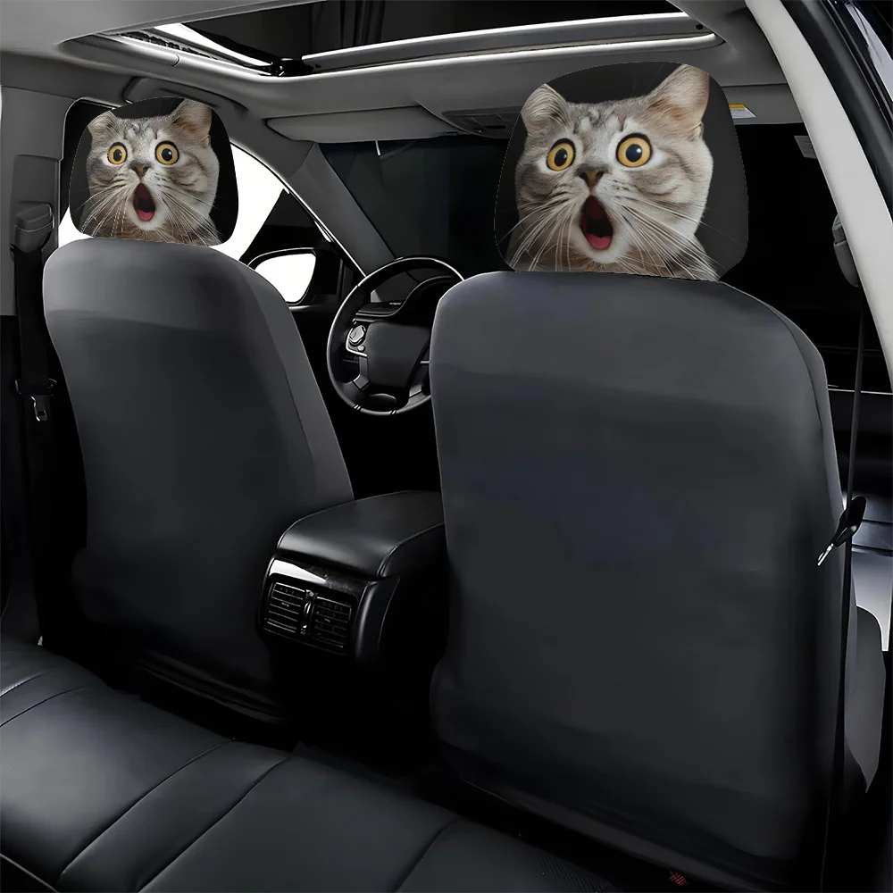 2pcs, Shocked Cat Expression Printed Car Headrest Covers, Interior Decoration, Easy to Install And Wash,