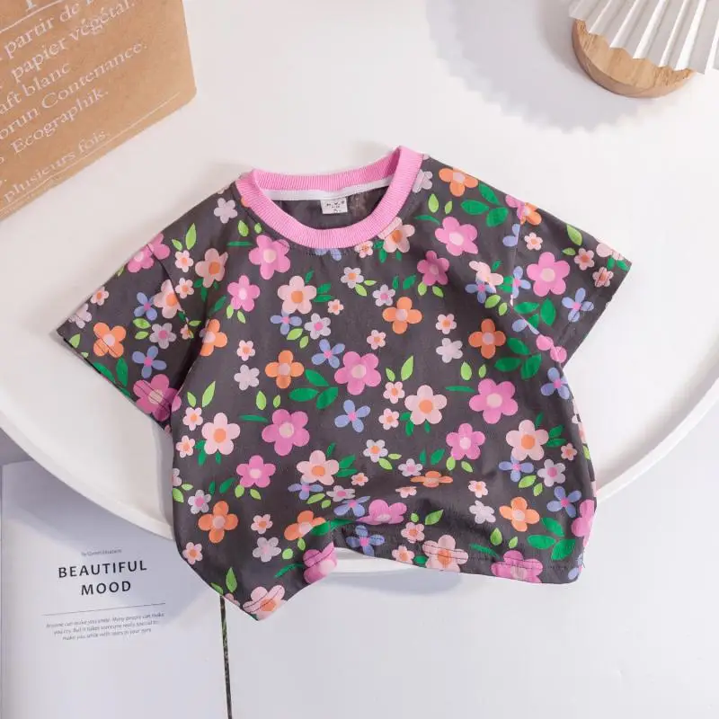 Girls T-Shirts Summer Short Sleeve Round Neck Floral Print Tees Toddler Kids Casual Thin Tops 1-6Years