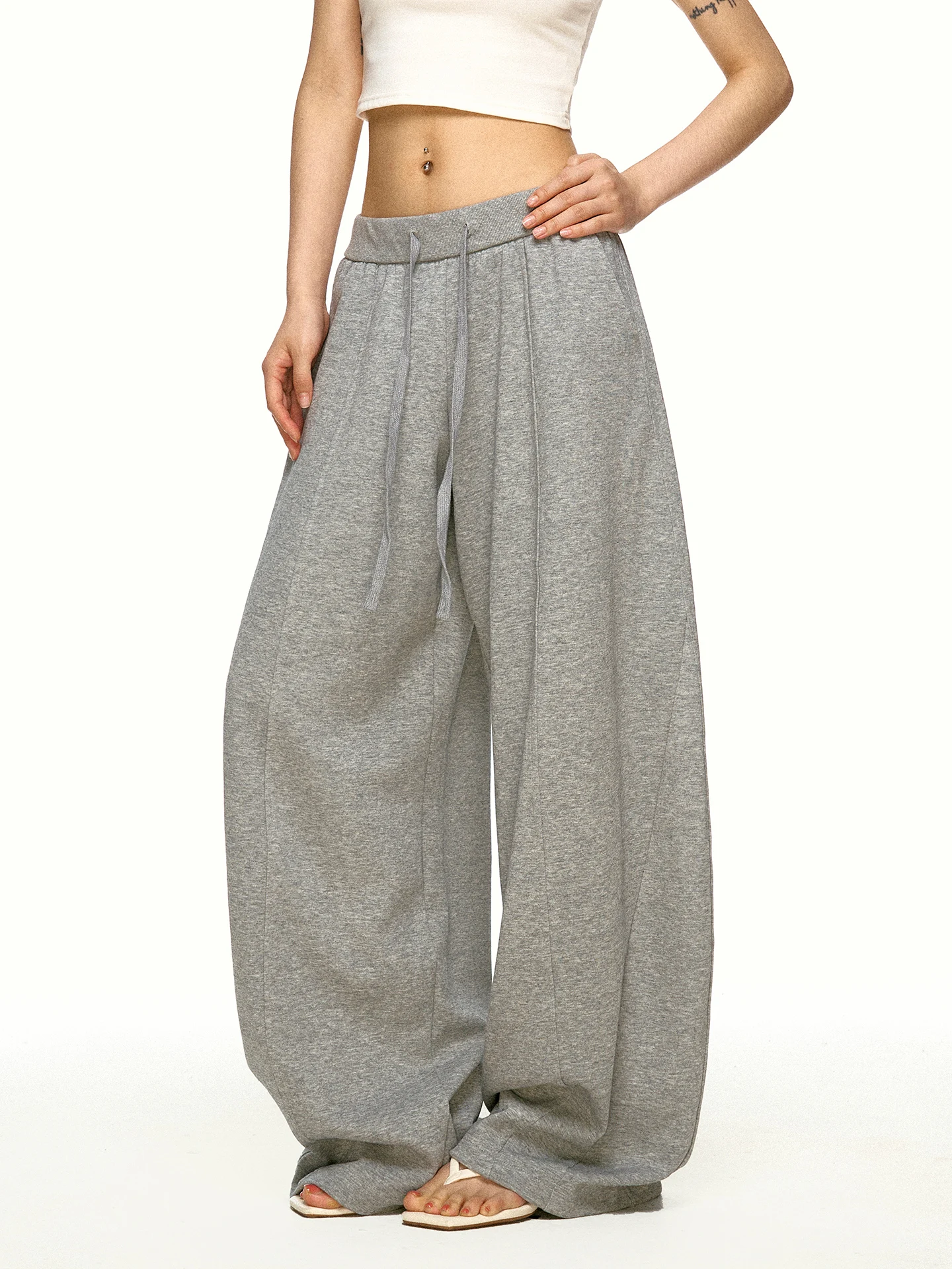 Aaisup Grey Drawstring Casual Wide Leg Pants Women Spring Autumn Loose Lazy Loose Slimming Versatile Loose Waist Pants