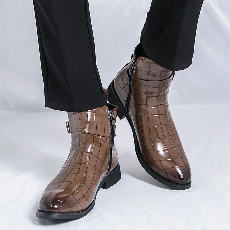 Men High Top Boots PU Embossed Pattern Solid Color Low Heel Comfortable Classic Business Men Boots Size 38-47