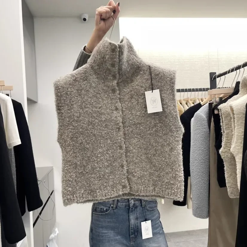 Spring Autumn Women Knitted Open Cardigan Sweater High Collar Sleeveless Vest Design Sense Korean Casual Commute Fit Outerwear