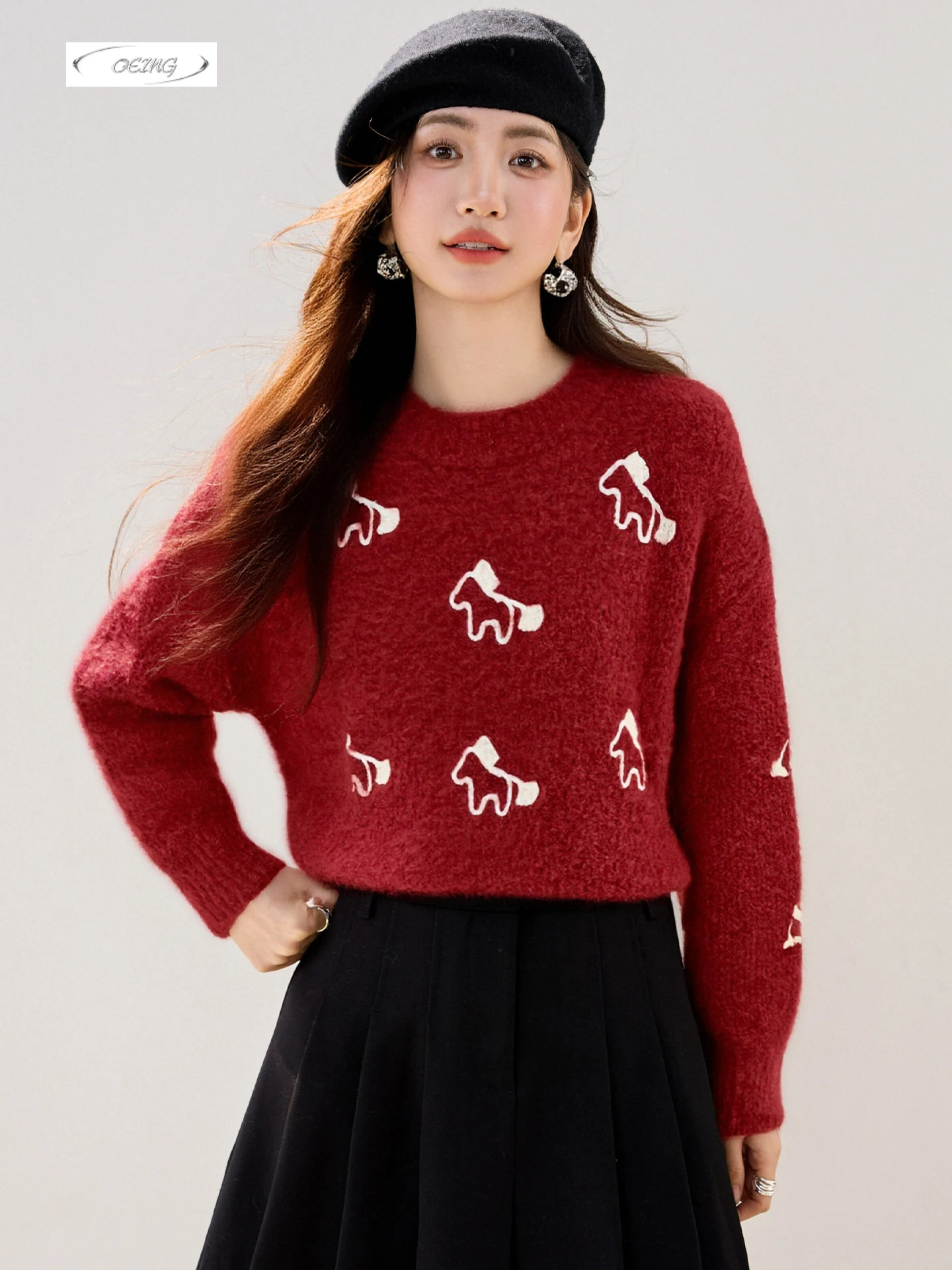 

Women Fashion Pony Jacquard O-neck Long Sleeve Red Sweater Knitted Pullover Tops Autumn Winter Sweet Thick Warm Knitwear 8618