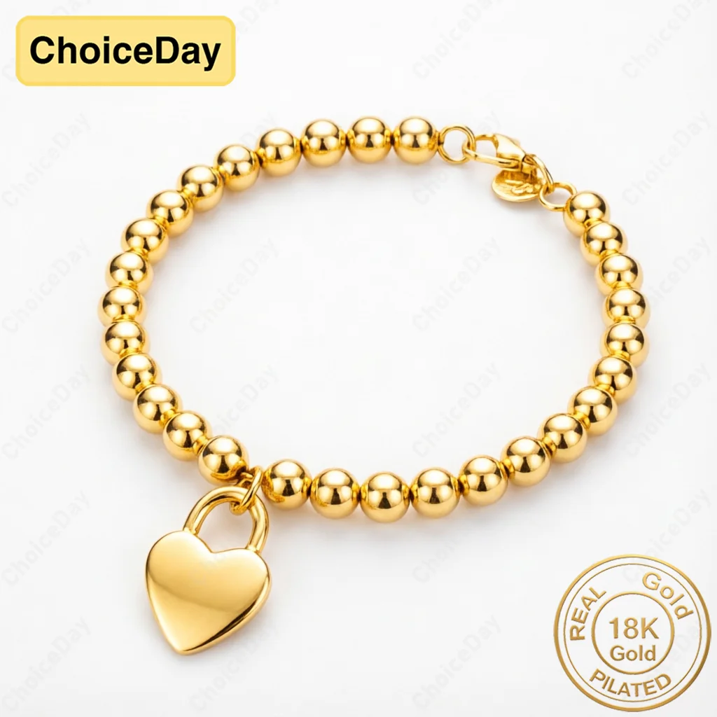 18K Gold Plated Exquisite Glossy Heart-Shaped Lock Bracelet for Women, Fashionable Gift Jewelry Wedding Party Accessories