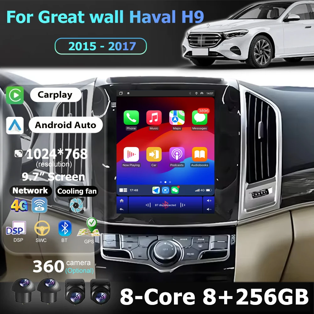 

Мультимедийный видеоплеер Auto Carplay для Great Wall Haval H9 2015-2017 9,7 '' Android 14 Автомобильный радиоприемник 4G WIFI QLED GPS