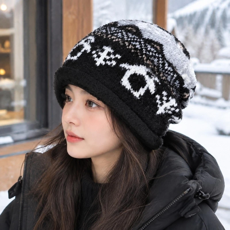  Folded-Edge Earflap Hat with Patterned Fabric for Fall and Winter