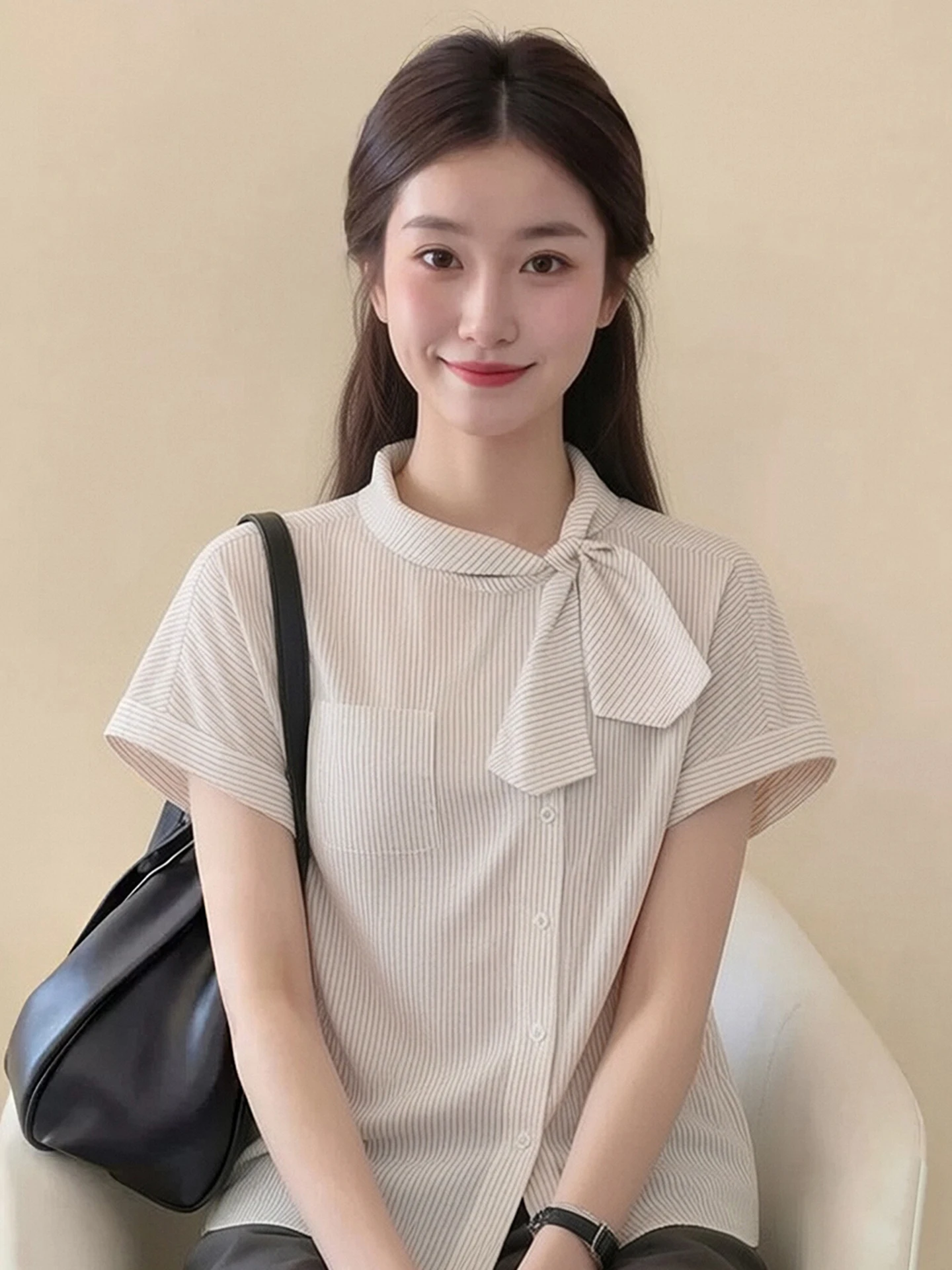 

Summer Design Knot Stand Collar Vertical Stripes Short Sleeve Women's Shirt Commute Professional Style French Style...