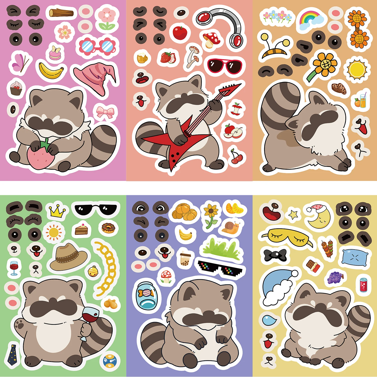 8/16/24 قطعة الراكون جعل وجه لغز ملصقات الكرتون التفاعلية لغز الحيوانات DIY بها بنفسك ملصقات الوجه