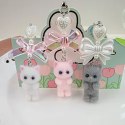 Flocking Bear Cat Pendant Keychain Heart Bow Shaped Key Chain Bowknot Keyring Jewelry Camera Bag Decors Handmade Gift