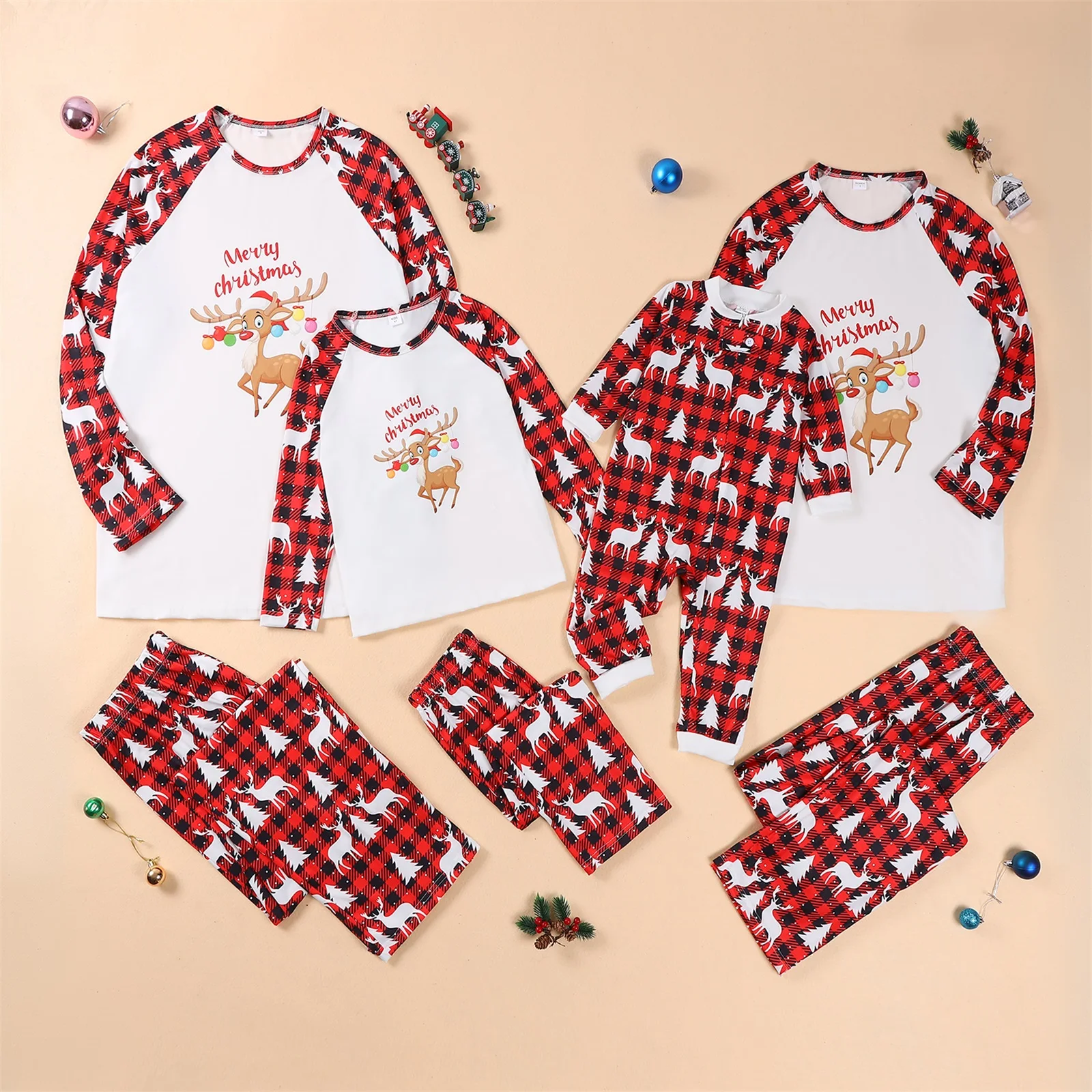 hirigin Christmas Family Pajamas Matching Set Long Sleeve Elk Print T-shirt with Plaid Pants Sleepwear Loungewear