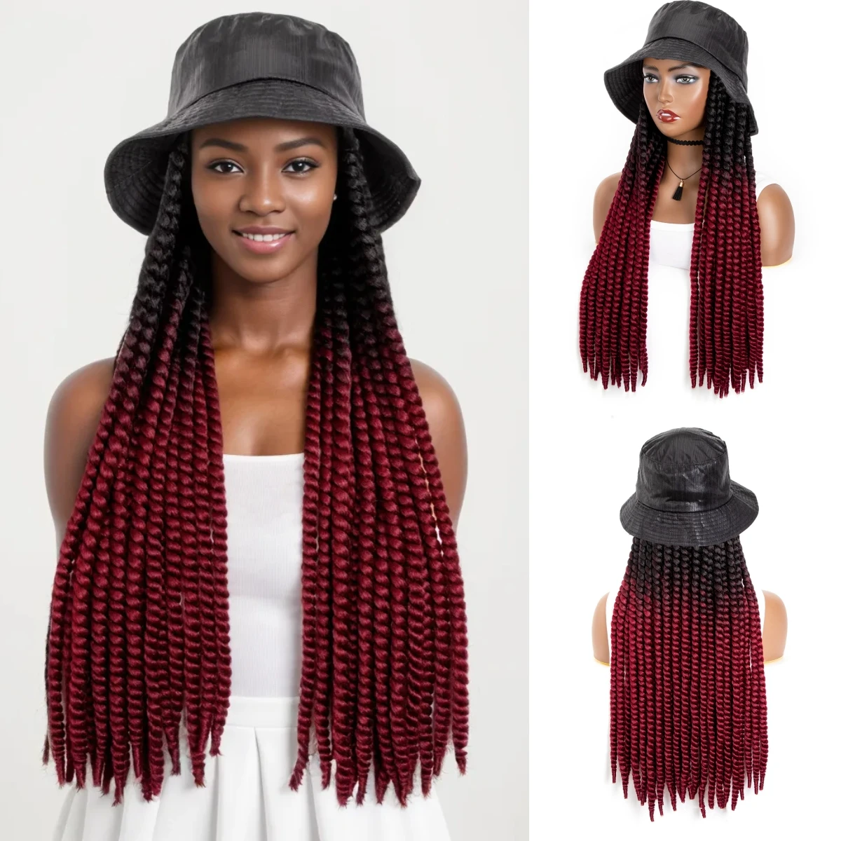 WIGERA Long Ombre Black Burgundy Synthetic Havana Mambo Twist Braided Hair Extensions Cap Wig Spring Braiding With Bucket Hat