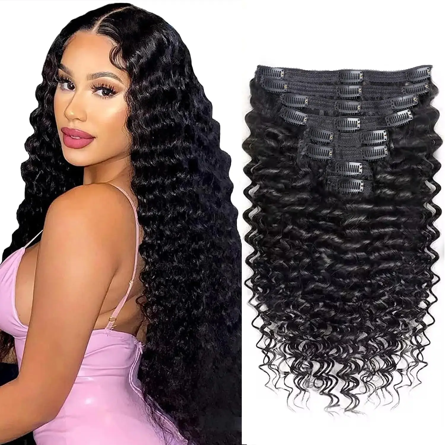 Curly Clip in Hair Extensions Real Human Hair 18inch 120g Invisible & Seamless 100% Brazilian Remy Human Extension #1B