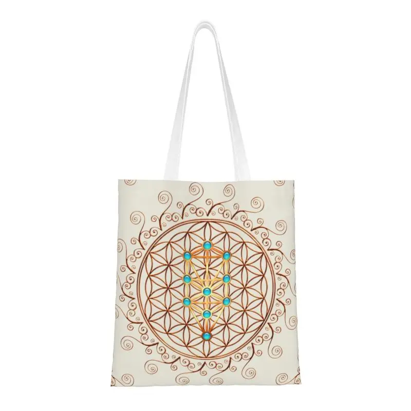 

Flower Of Life Grocery Shopping Bag Funny Printing Canvas Shopper Tote Shoulder Bags Sephiroth Sacred Geometry Mandala Handbag