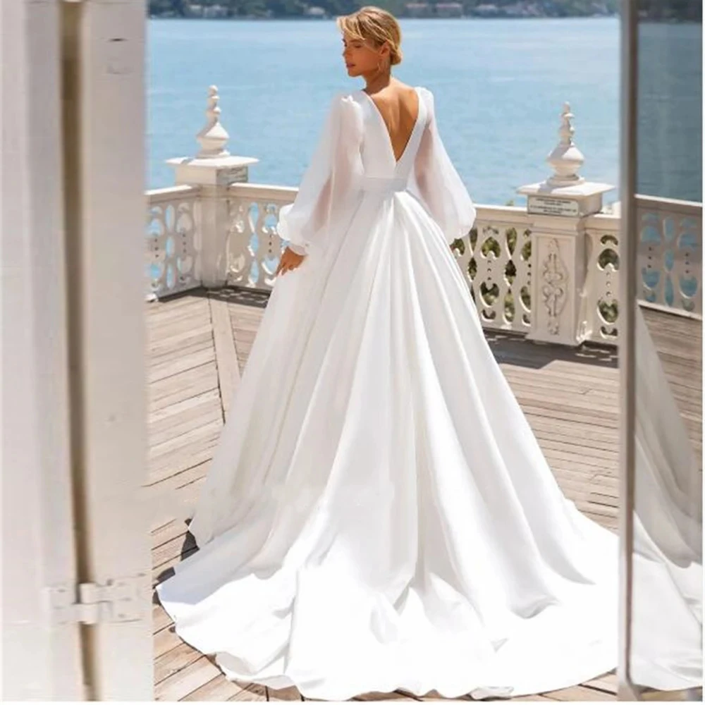 Bridal Wedding Dresses Deep V-Neck Long Sleeve Backless Floor-Length Gowns for Party Ball-Gown prom Cocktail Evening