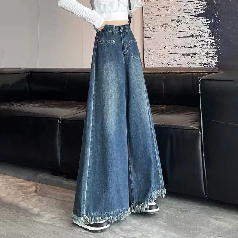 Washed Burrs Wide Leg Denim Trousers Women's Spring Autumn New Fashion Vintage High Waist Loose Street Mop Pants XQ12