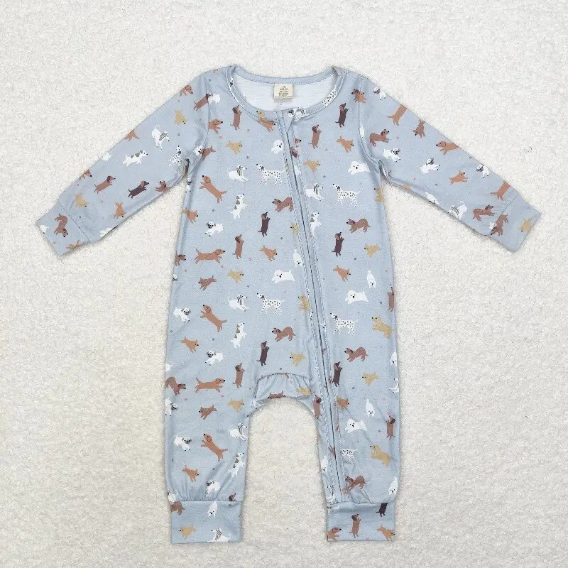 8.21y Bamboo Baby Boys Romper Blue Zipper Long Sleeve Onesie Wholesale Dog Boutique Style for Infants