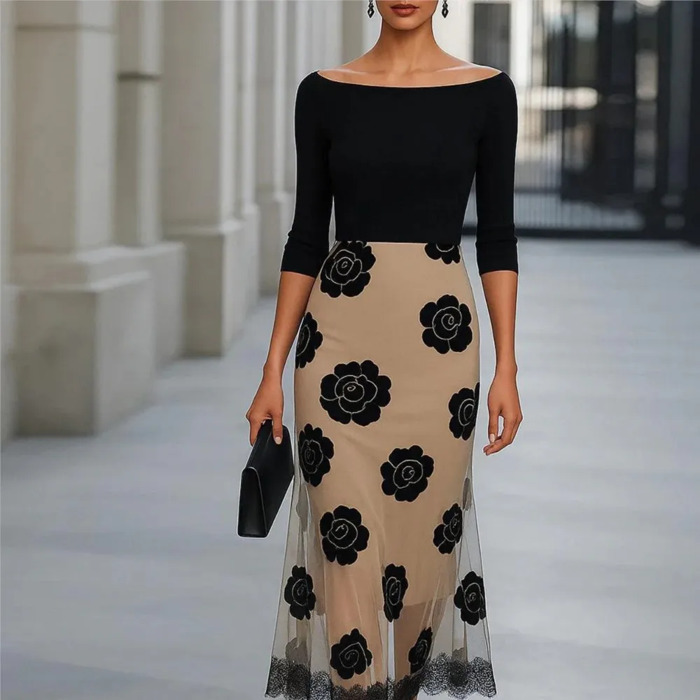 Elegant Refined Dress Spring Autumn With Printed Design Fashionable Evening Gown Lace Net Fabric Long Style Full-length Dresses