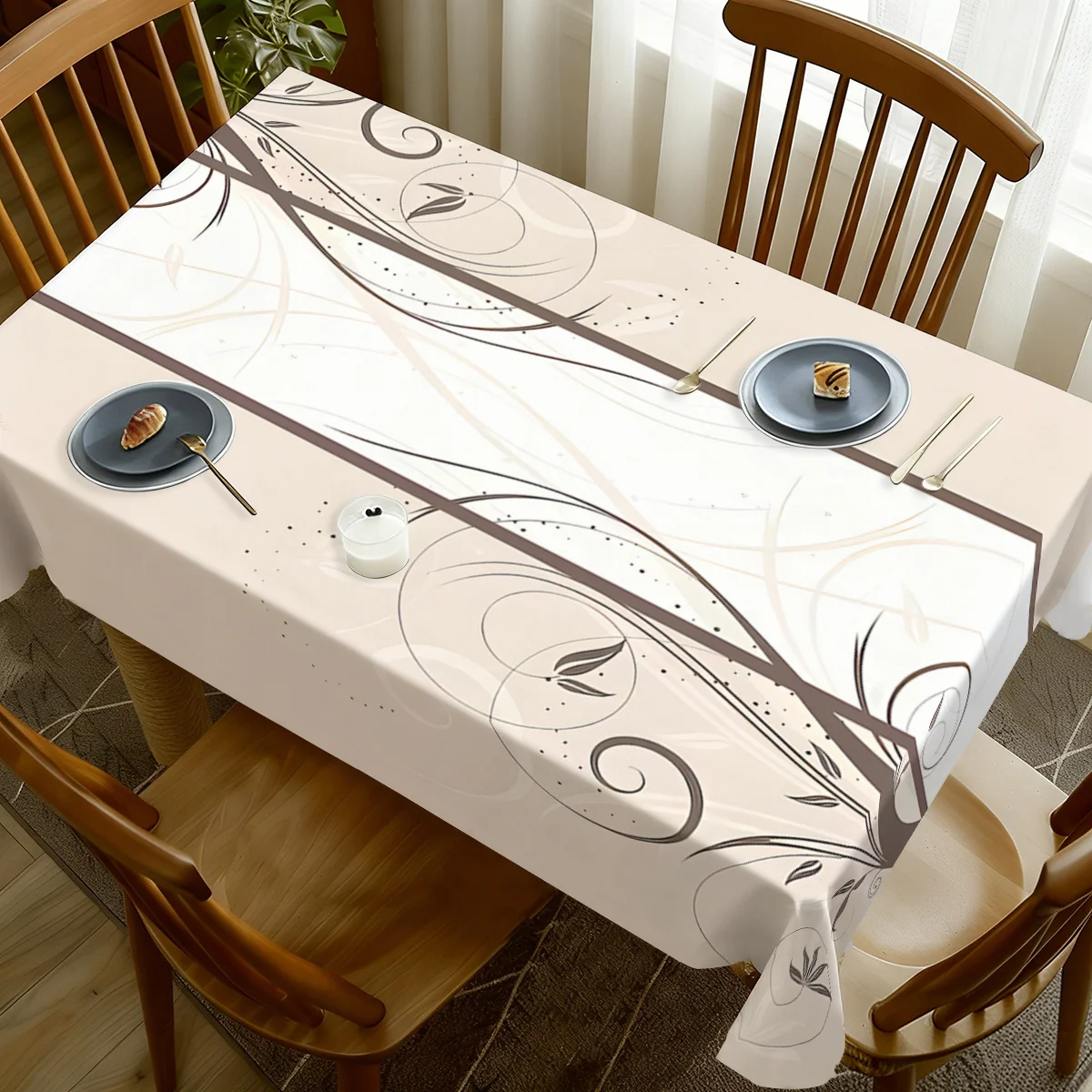 One simple striped floral tablecloth, featuring a line and plant pattern design, made of durable polyester material.