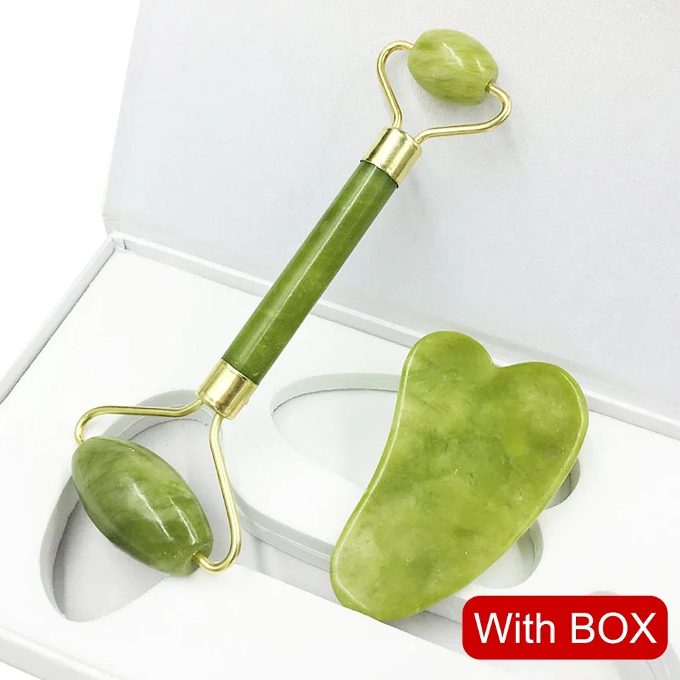 Natural Jade Roller with Gift Box Heart Guasha Scraping Board Slimming Face Lifting Facial Massager  Skin Beauty Care Set