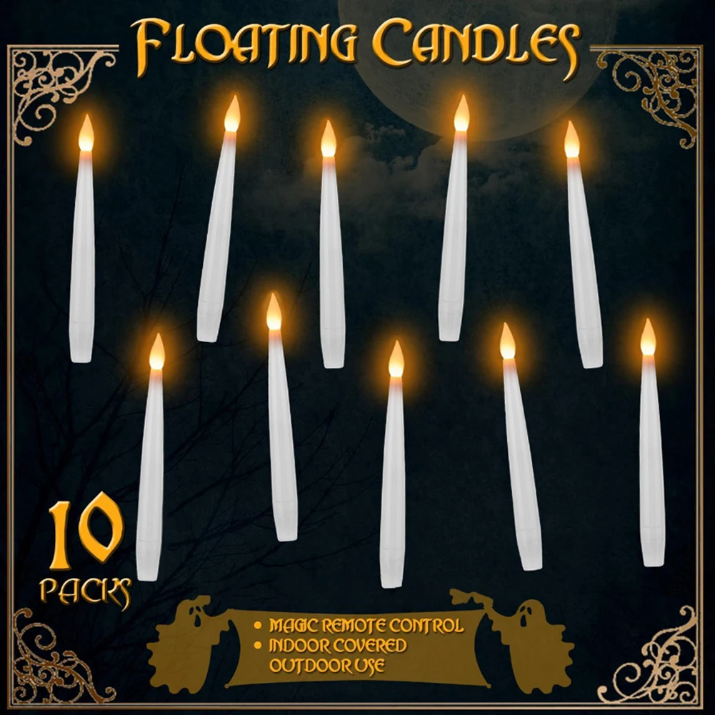 LED Flameless Taper Candle Flickering Warm Light with Wand Flameless Floating Light for Christmas Halloween Festival