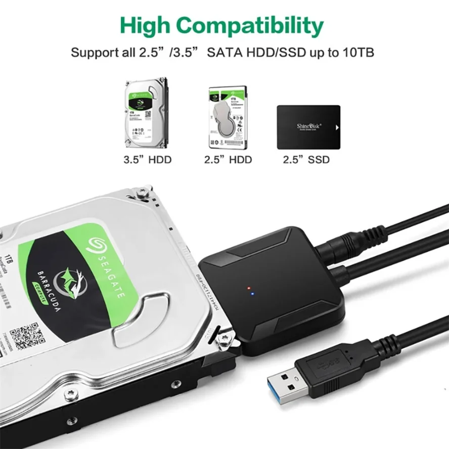 SATA to USB 3.0 Adapter Cable for 2.5/3.5 Inch SSD HDD SATA III Hard Drive Disk Converter Support UASP with 12V/2A Power Adapter