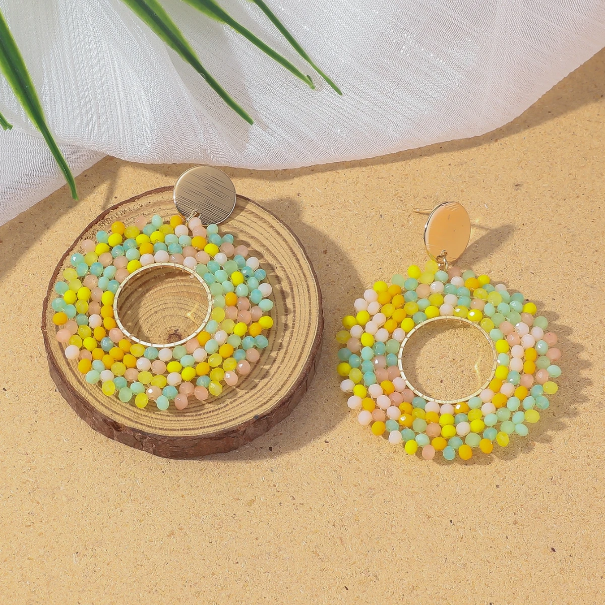 Boho Fashion Round Crystal Beaded Drop Earrings for Women Colorful Elegant Metal Dangle Earrings Handmade Summer Beach Jewelry