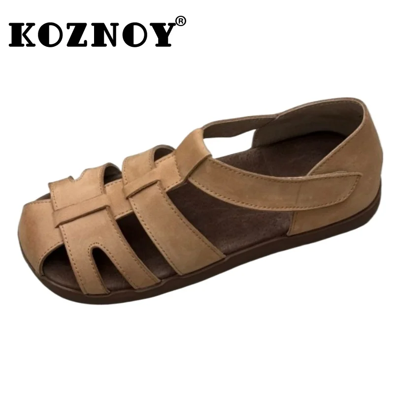 Koznoy 3cm Cow Natural Genuine Leather Sandals Summer Cozy Comfy Contoured Round Toe Loafer Rubber Flats Soft Soled Hook Shoes