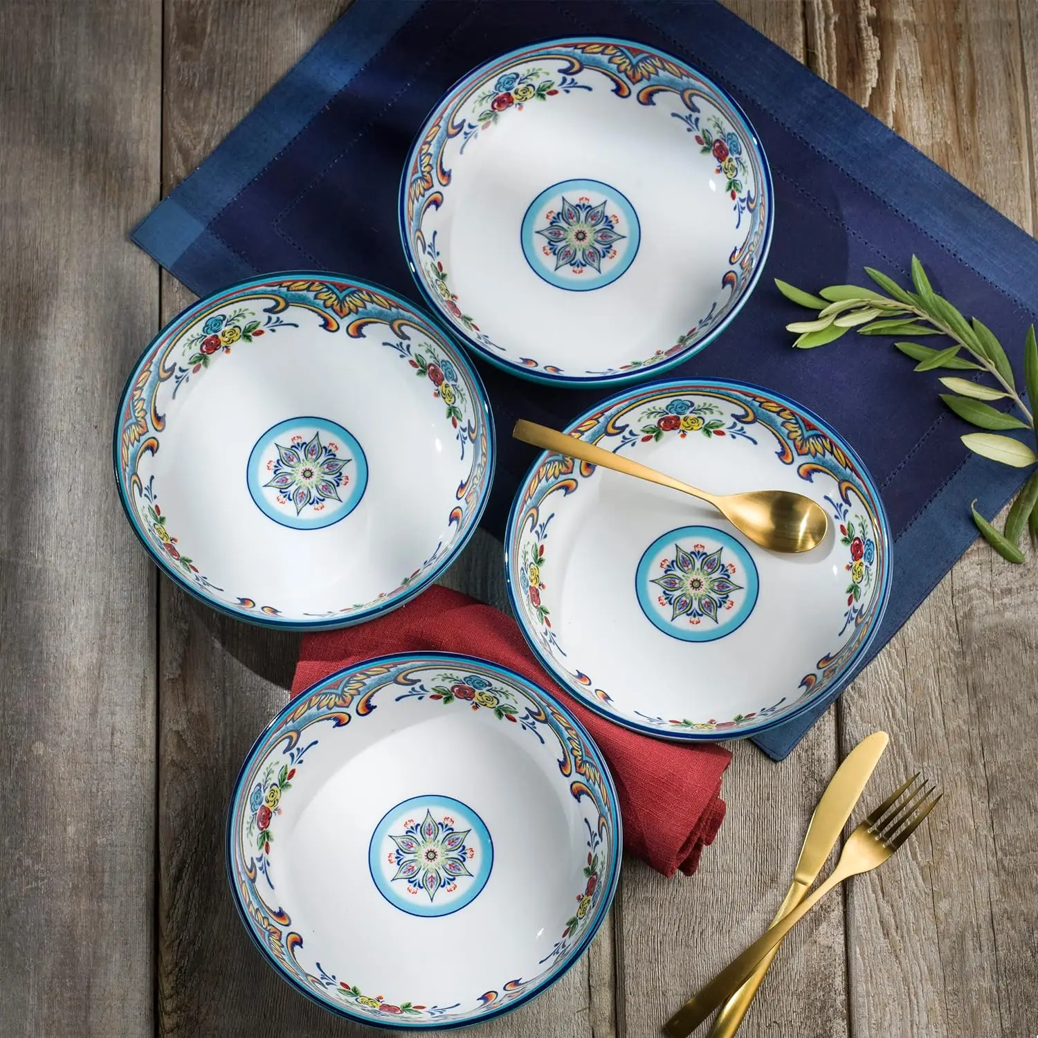 

Double Bowl 16-Piece Dinnerware Set | Fine Kitchenware | Floral Multicolor Design Stoneware Tableware Service For 4