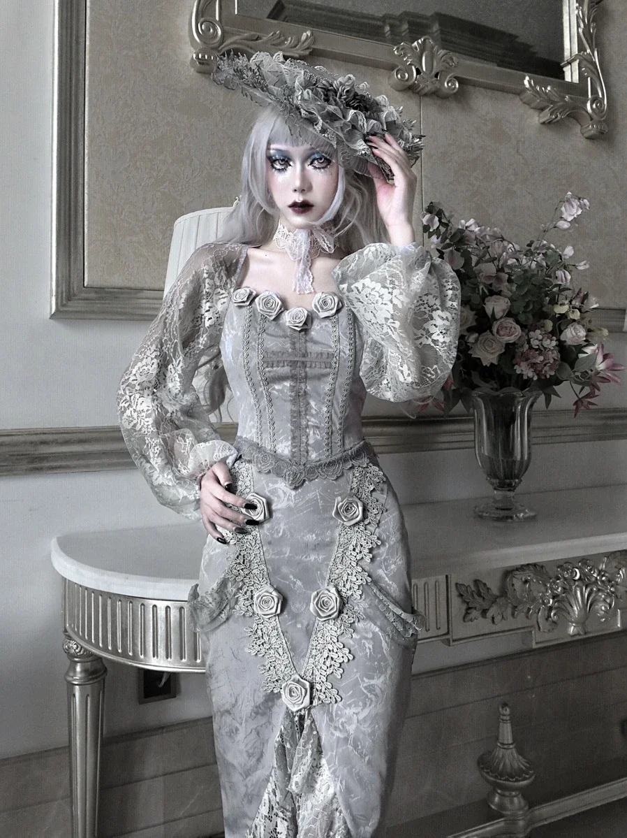 IMU Original Rose Funeral Palace Vintage Dirty White Gothic Lace Trumpet Skirt Slim Hippie Long Slit Skirt Party Lolita Skirt