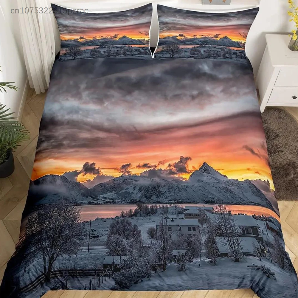 Snow Mountain Duvet Cover Set Iceberg Sunrise Sunset Bedding Set Microfiber Winter Natural Scenery Quilt Cover Single King Size