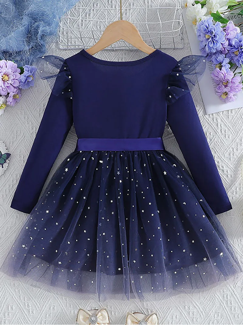 Spring Girls\' Long Sleeve Dress 2-6Y Cute Children\'s Sequin Stars Sky Mesh Princess Dress Autumn Kid\'s Clothes Girls Outfit