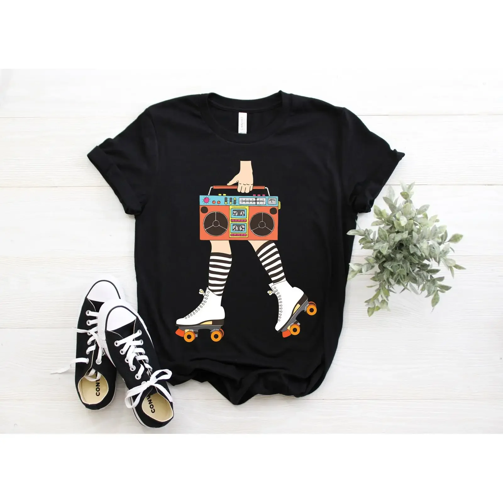 Vintage Boombox Roller Skating T Shirt Funny Retro 80s Skate for Derby Party Birthday  vintage Washed Breathable Comfortable