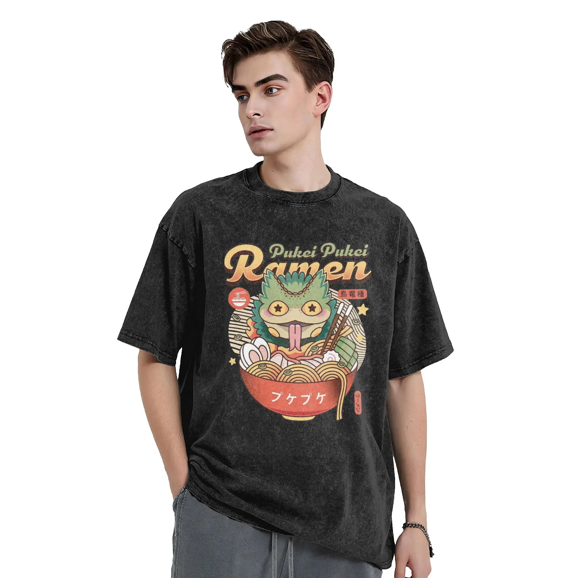 Monster Hunter Pukei Pukei Ramen Vintage Vintage Washed T-Shirt Men Cotton Tops Harajuku  Round Neck Short Sleeve image 2