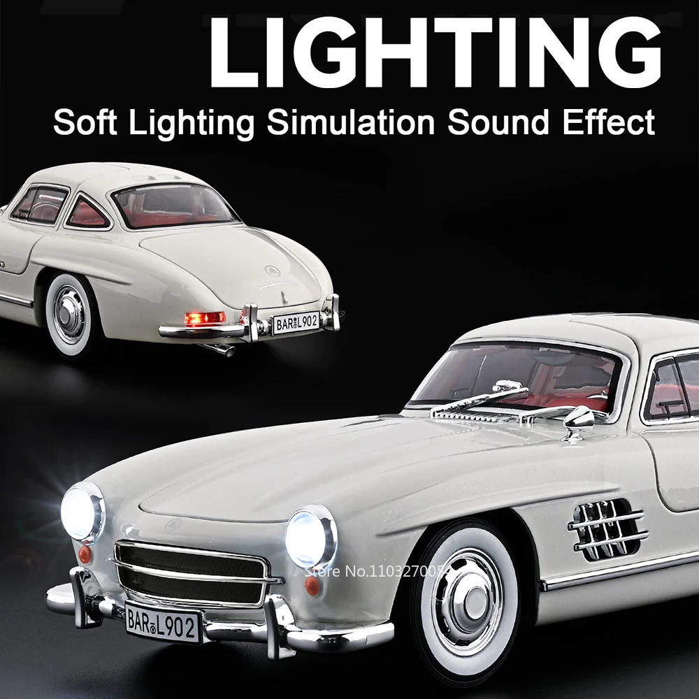 Large Size 1:18 300SL 500K Vintage Car Toys Diecast Alloy Model Sound Light Pull Back Front Wheel Steering Cars Collect Ornament
