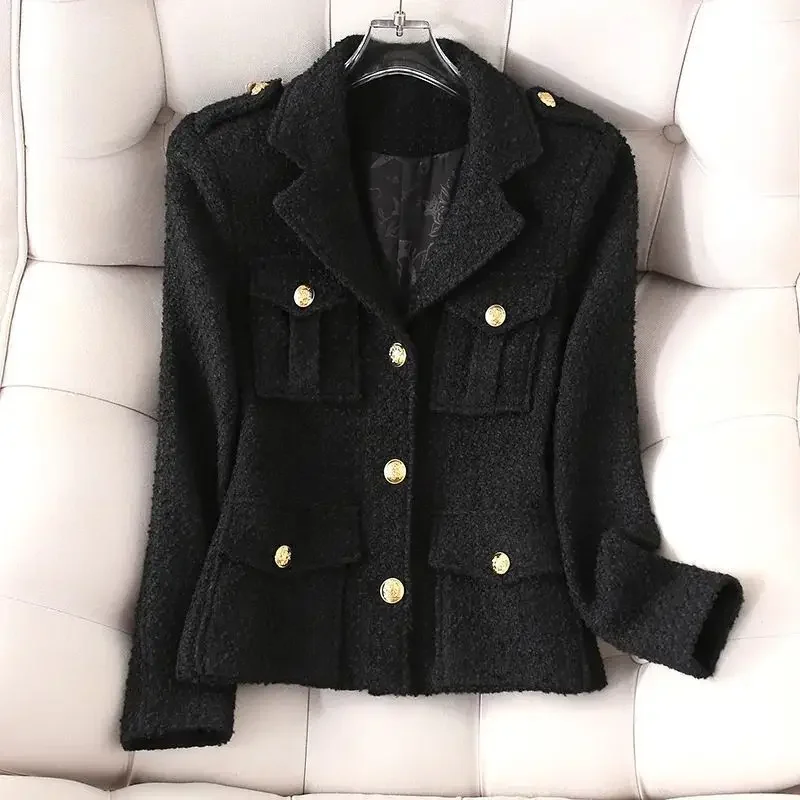 Short Black Wool Outerwear Female Tops New Fashion White Blazer Suit Collar Small Fragrance Jacket High-Quality Tweed Coat