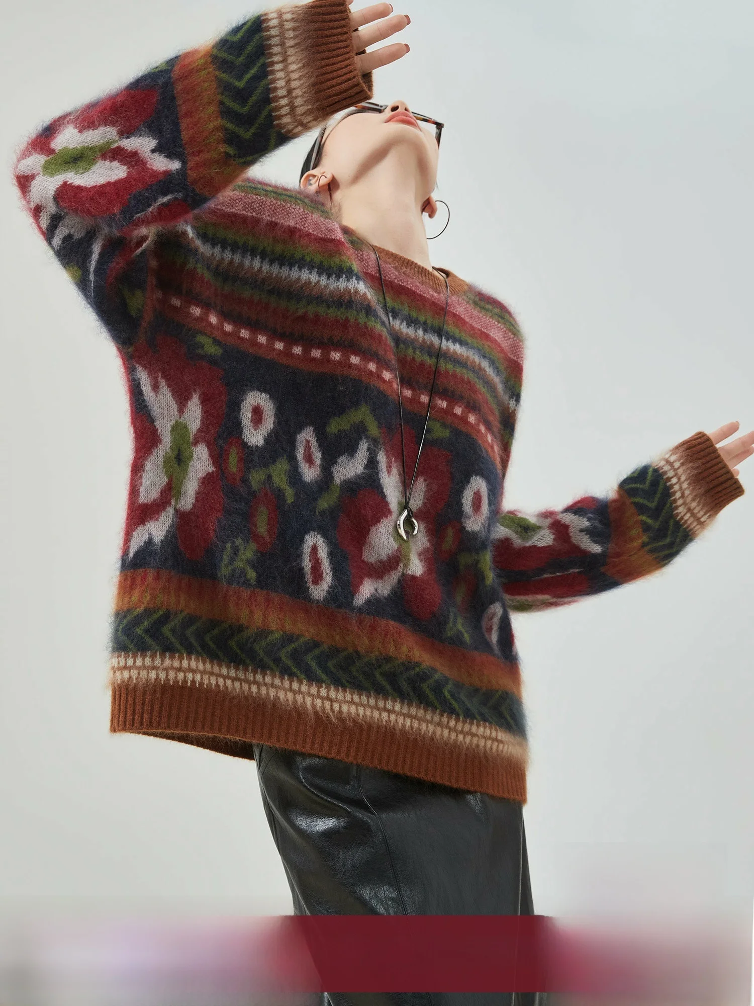 

Вязаный свитер в стиле ретро с узором «Фэр-айл», женский, свободный крой, с эффектом «ленивого шика», высококачественный, с пушистой текстурой, мягкий полиэстер, зимний, длинный рукав