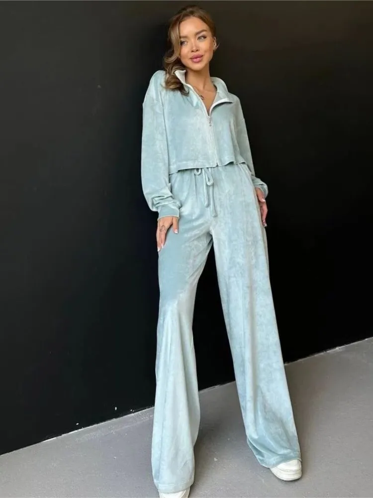 Autumn Winter Solid Velvet Two Piece Sets Women Outfits Tracksuit Zipper Long Sleeve Sweatshirts Top Wide Leg Pants Casual Suit
