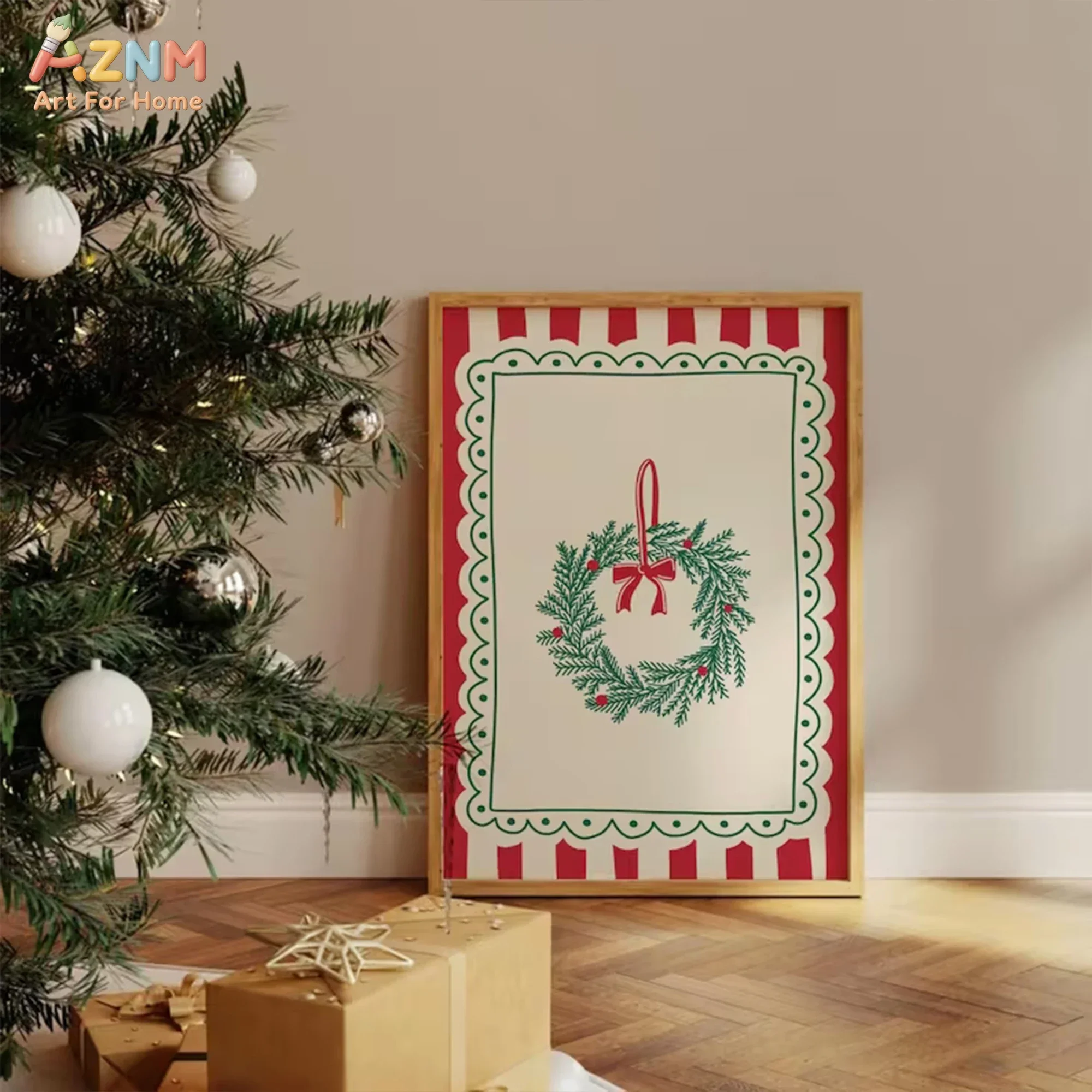 AZNM Retro Christmas Wreath Canvas Wall Art, Red Stripe Scallop Border Festive Print, Cute Bow Pine Wreath Holiday Poster for Pr
