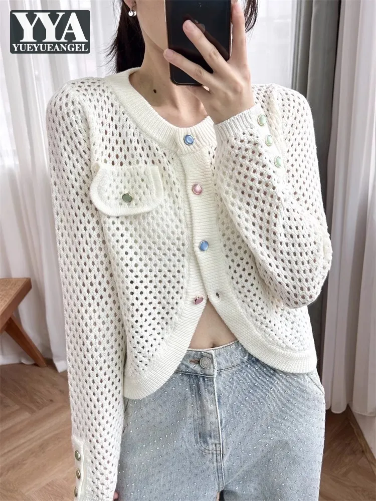 

Hollow Out Knitted Cardigan Women New O Neck Colorful Buttons Single Breasted Knitwear Coat Sweet Ladies Breathable Sweater Tops