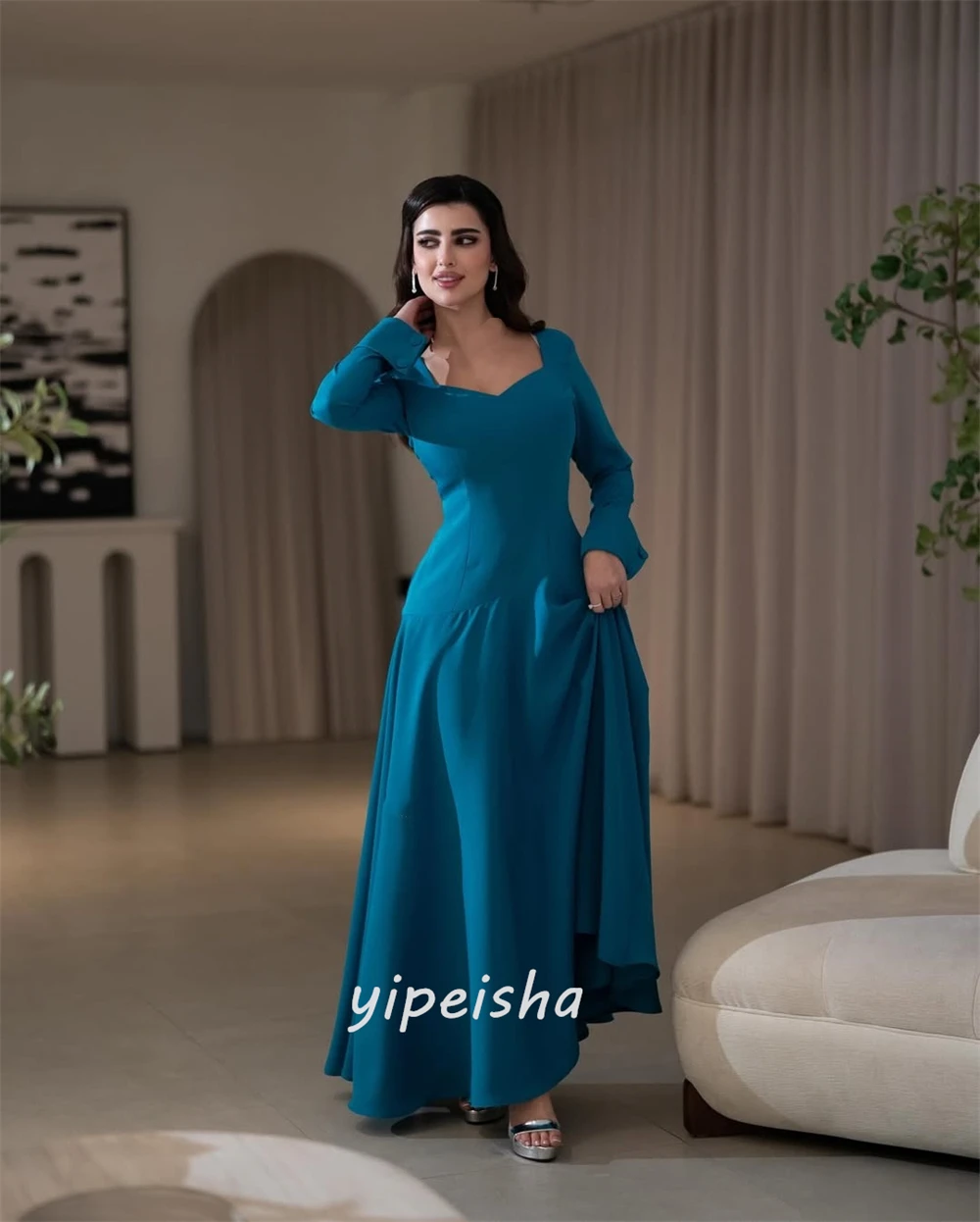 Maßgeschneiderter, moderner Stil, klassischer Jersey, gerüschter Knopf, A-Linie, quadratischer Ausschnitt, lange Kleider, Abendkleider, hochwertige, passende Retro-Kleider