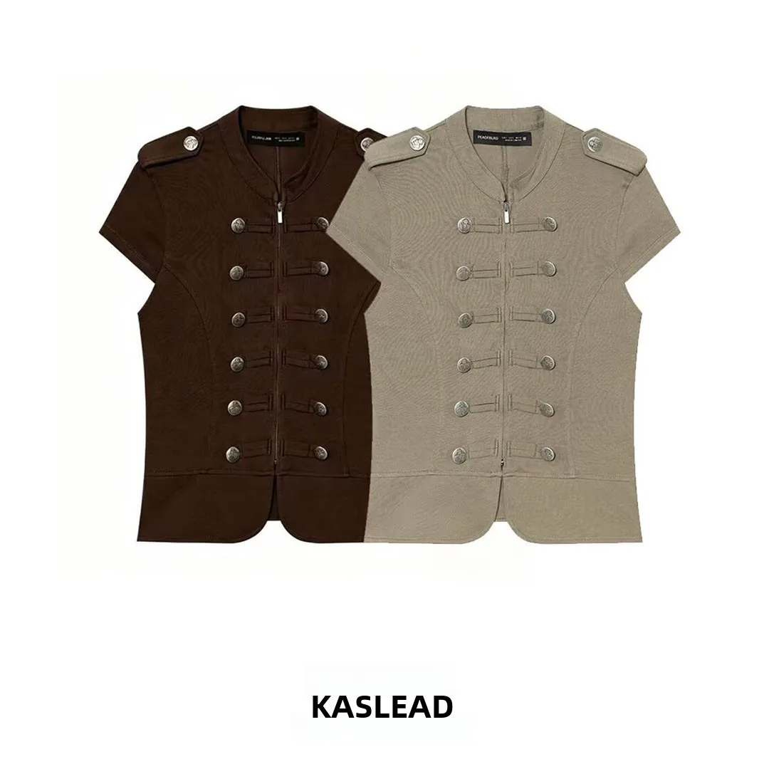 KASLEAD Women's Zipper Button Decorated Vest Fashionable High-End Style 0264038 Polyester Acrylic Material Slim Fit Design