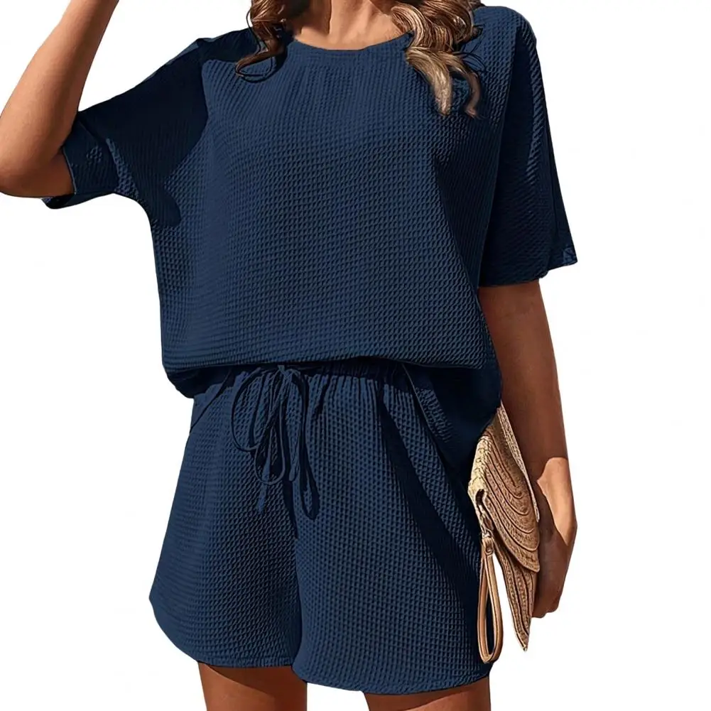 2 Pcs/Set Women Outfit T-shirt Shorts Set Loose Solid Color Breathable Casual Homewear Two-piece Sports Top Shorts Set