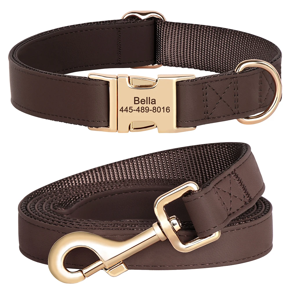 Custom Dog Collar Leash Set PU Leather Dog Collars Engraved Pet ID Necklace With Lead Rope Durable For Small Medium Large Dogs_voghion.com