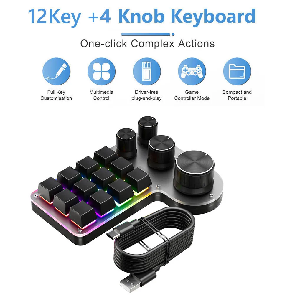 12 مفتاحًا 4 مقابض Photoshop لوحة مفاتيح الألعاب RGB USB سلكية/متوافقة مع بلوتوث لوحة مفاتيح ميكانيكية صغيرة مفتاح أحمر لألعاب المكتب